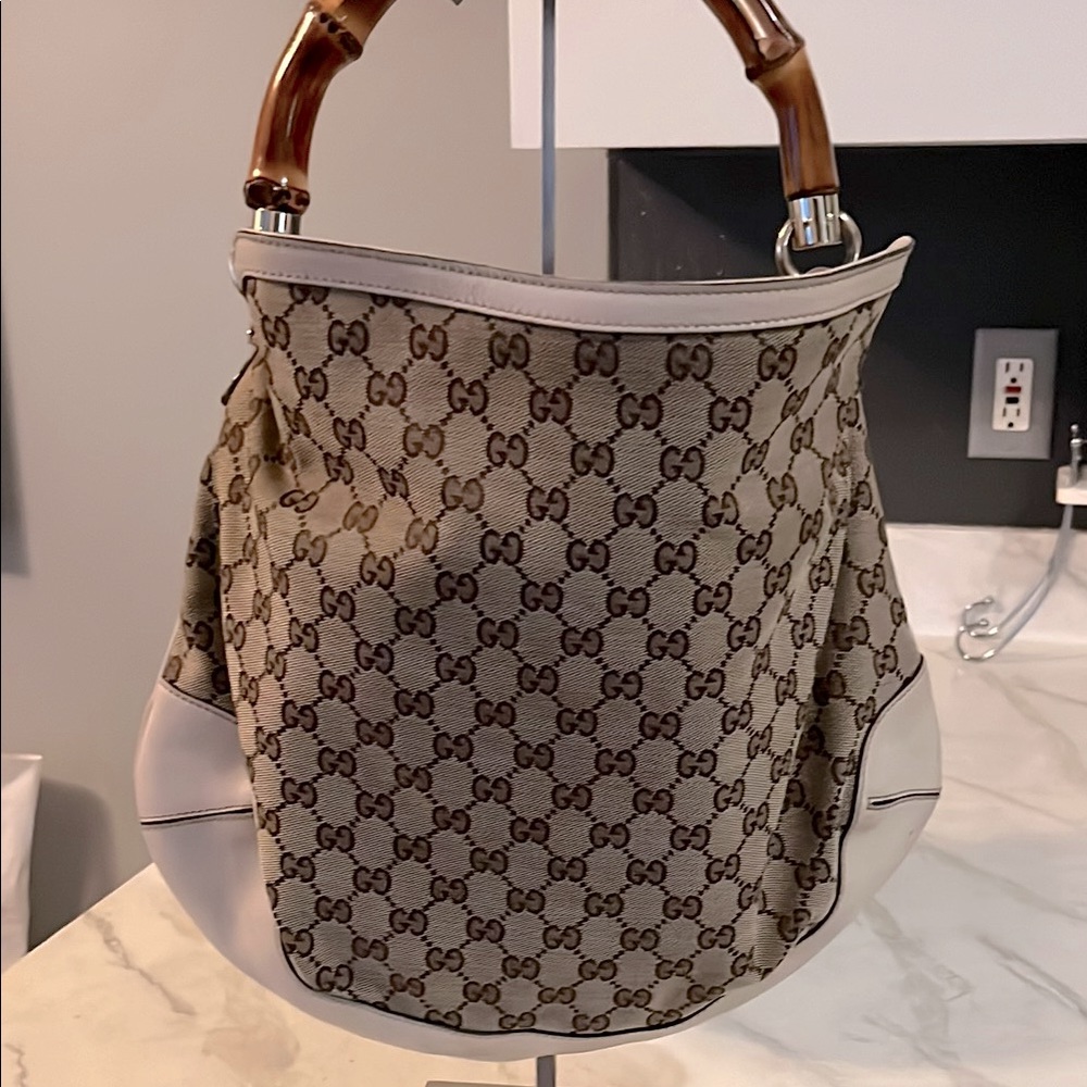 Gucci Beige and Brown Hobo Bag with Bamboo Handle